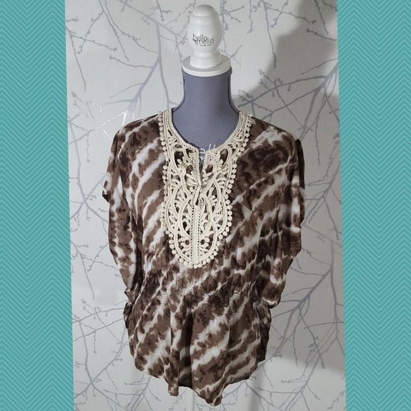 Fred David Brown Tie Dye Flutter Sleeve Blouse w/ Ivory Lace Detail - Picture 1 of 6